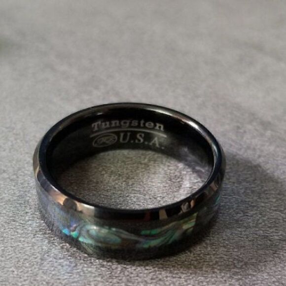 Men's Real Black Tungsten Promise Ring With Abalone Shell Inlay - Picture 9 of 11